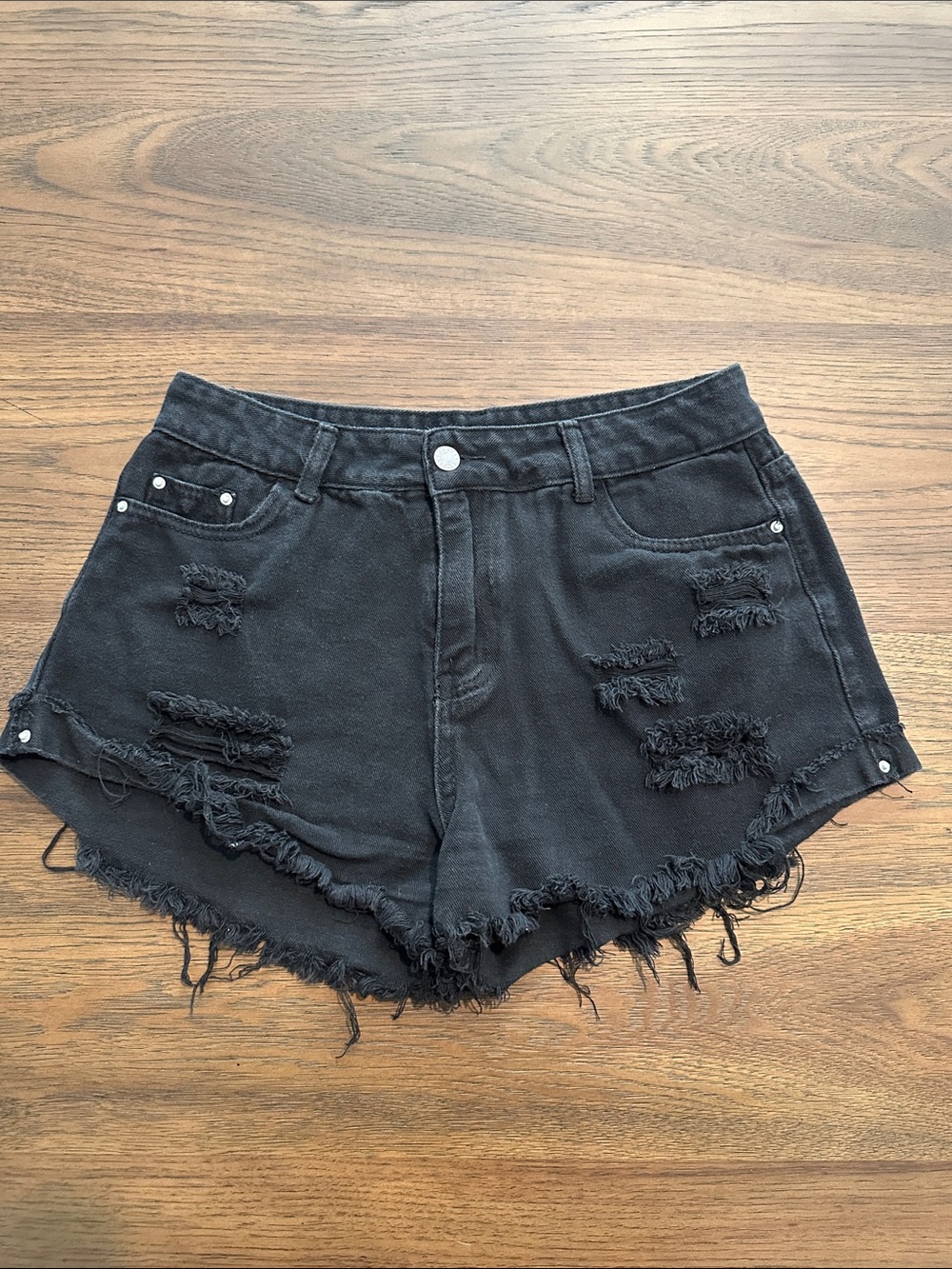 SHEIN Black Distressed Frayed Hem Denim Shorts